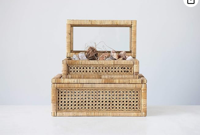 Creative Co-Op Woven Rattan Display Boxes with Glass Lids & Fir Wood Frame (Set of 2 Sizes)
