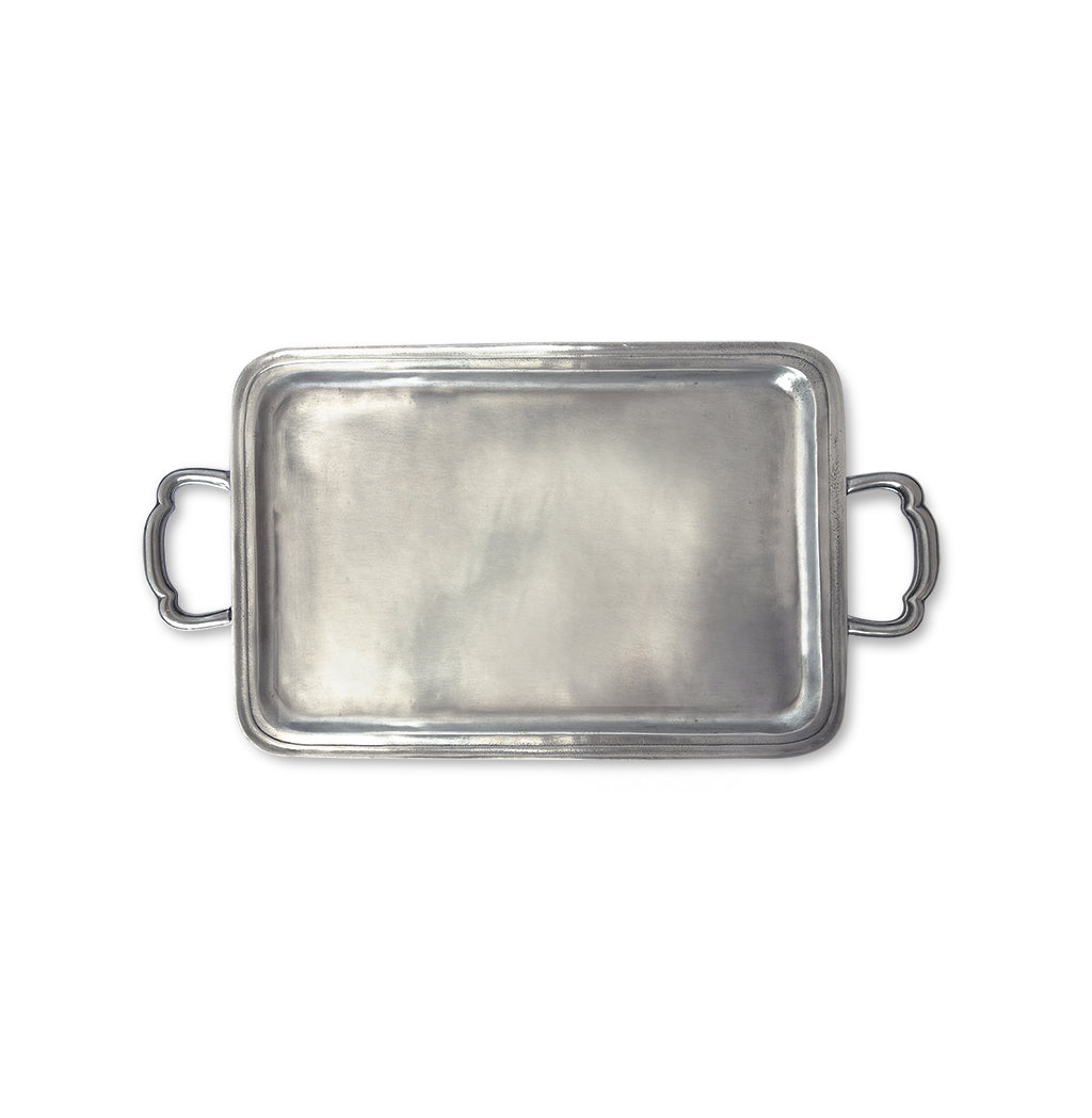 Top view of Lago Rectangle Tray with Handles, Medium showcasing raised edges and side handles on a white background
