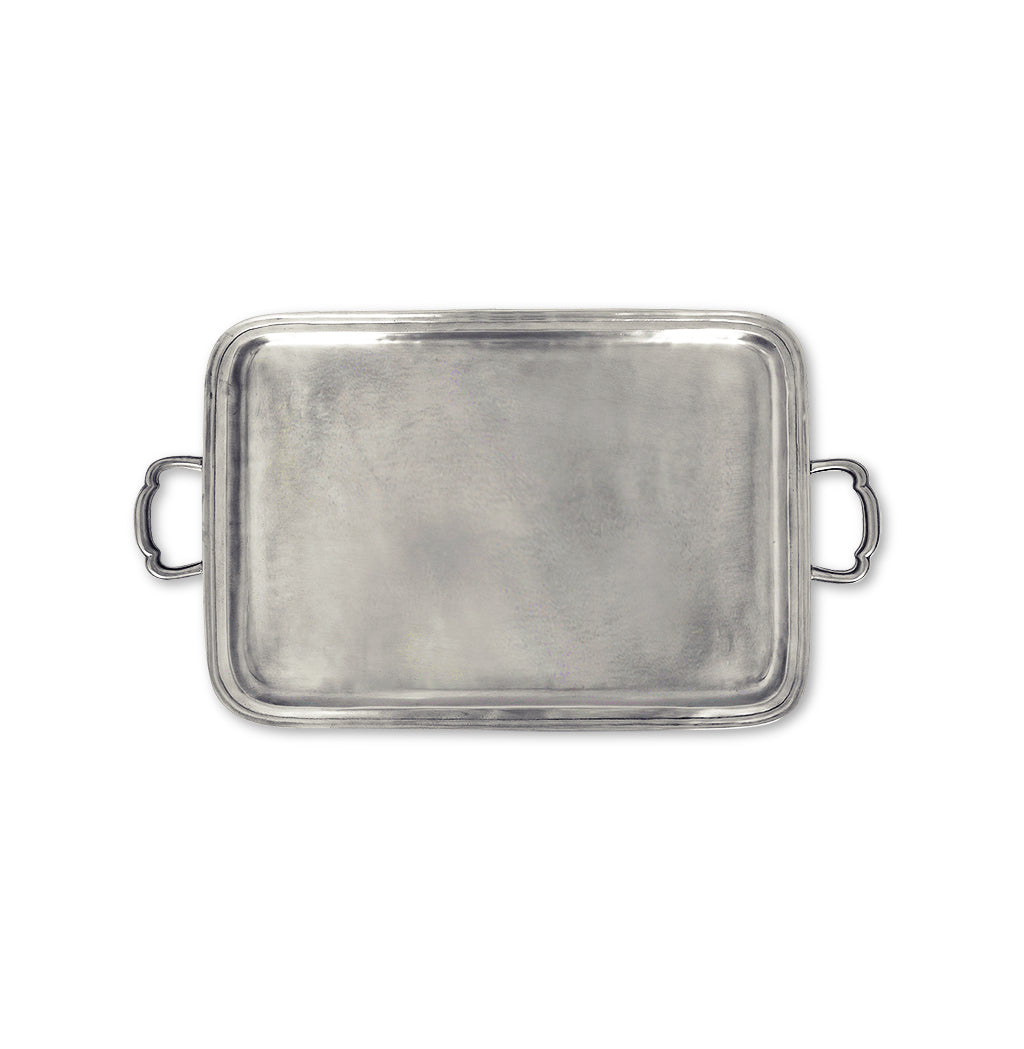 Top view of Lago Rectangle Tray with Handles, Large showcasing pewter finish and side handles on white background