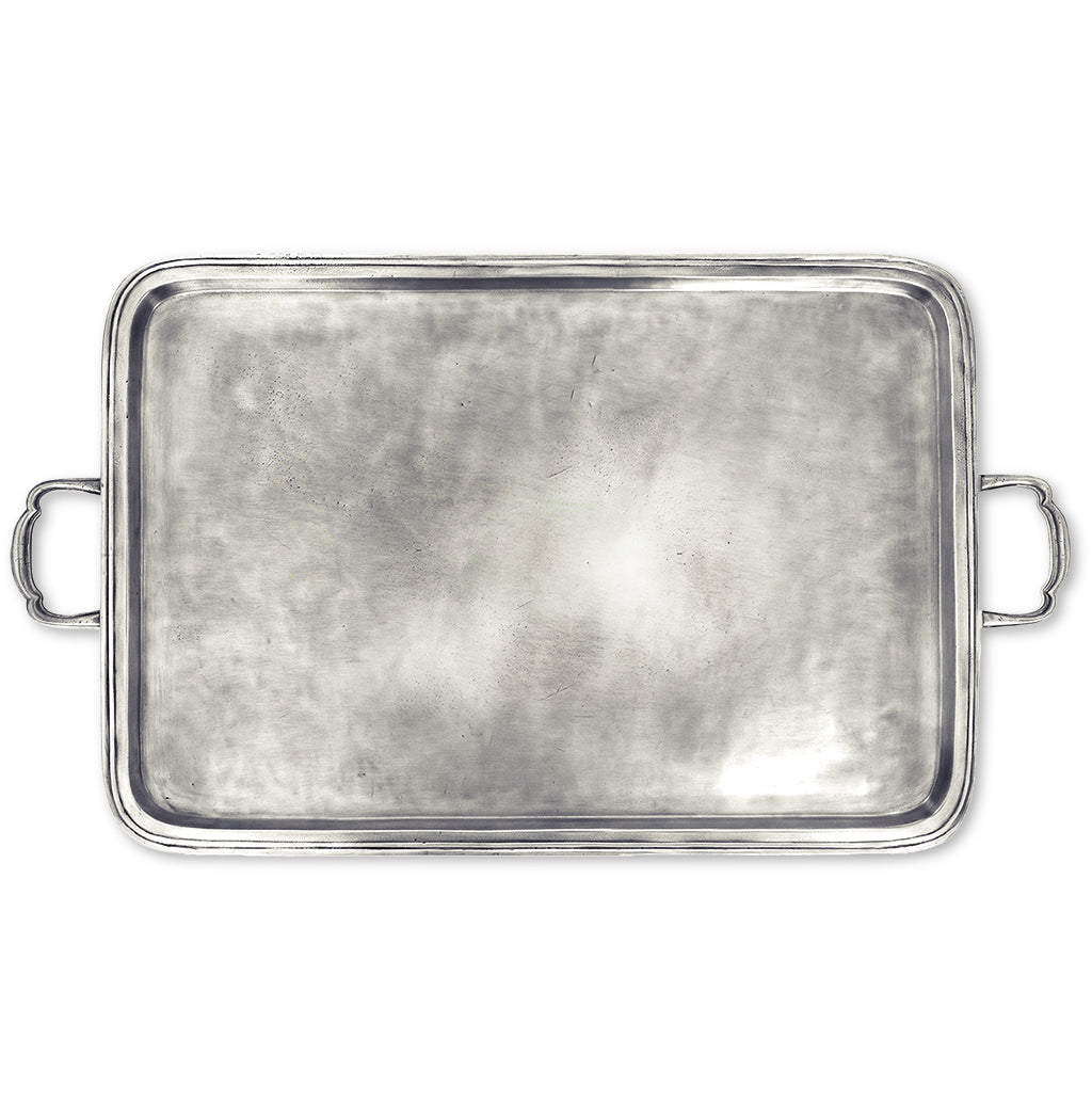 Top view of Lago Rectangle Tray with Handles, X-Large showcasing raised rim and side handles on a white background