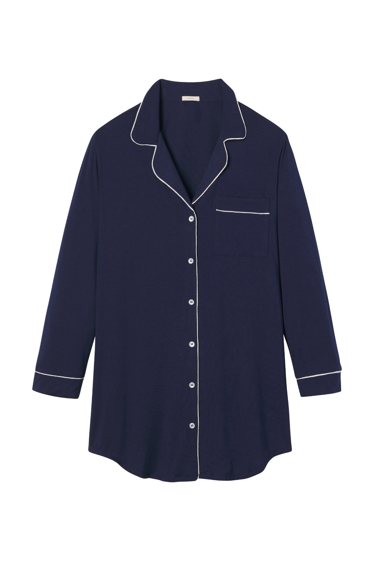 Front view of Gisele Sleepshirt in Navy/Ivory showcasing notch collar, buttons, pocket, and contrast piping on black background