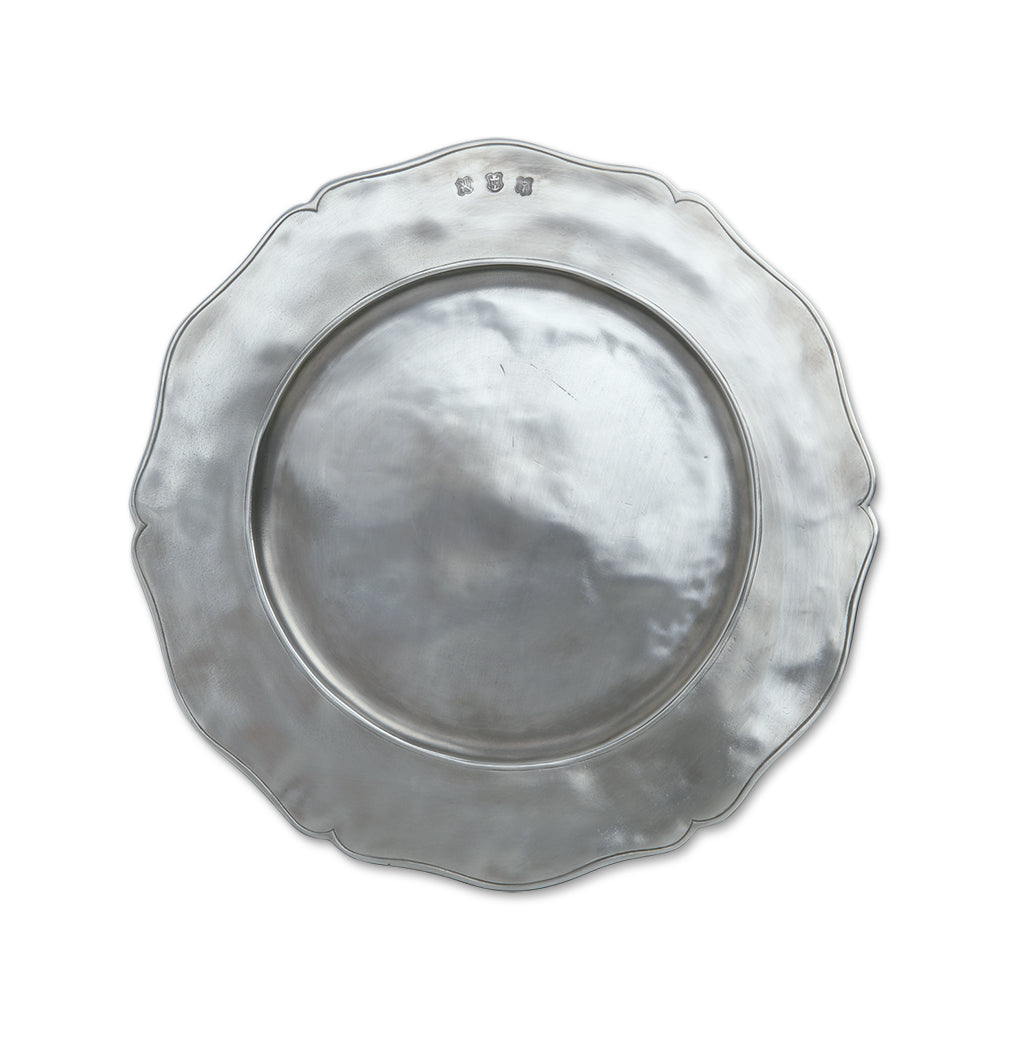 Top view of Gallic Charger, Large showcasing its scalloped rim and pewter finish on a white background