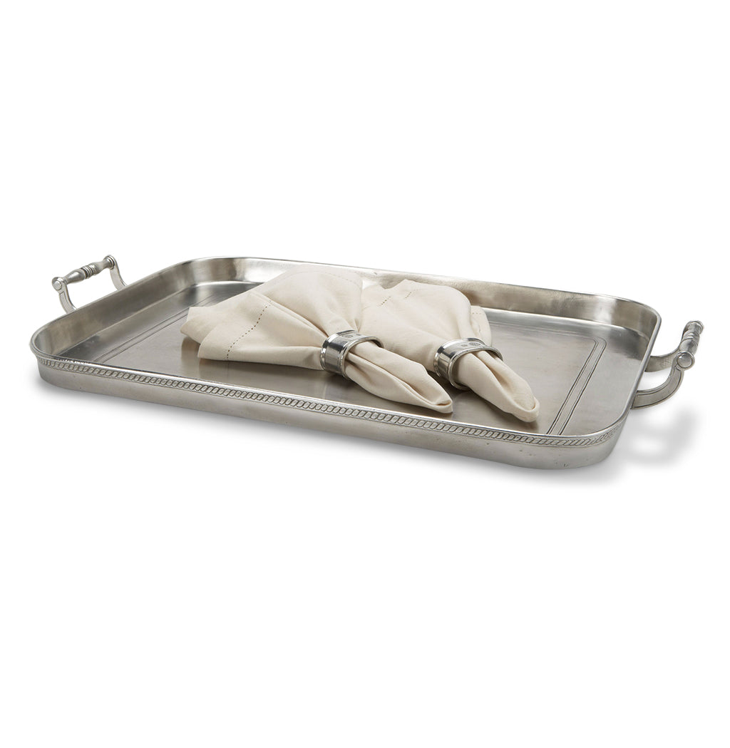 Angled view of Gallery Tray with Handles, Large showcasing raised edges and side handles on a white background