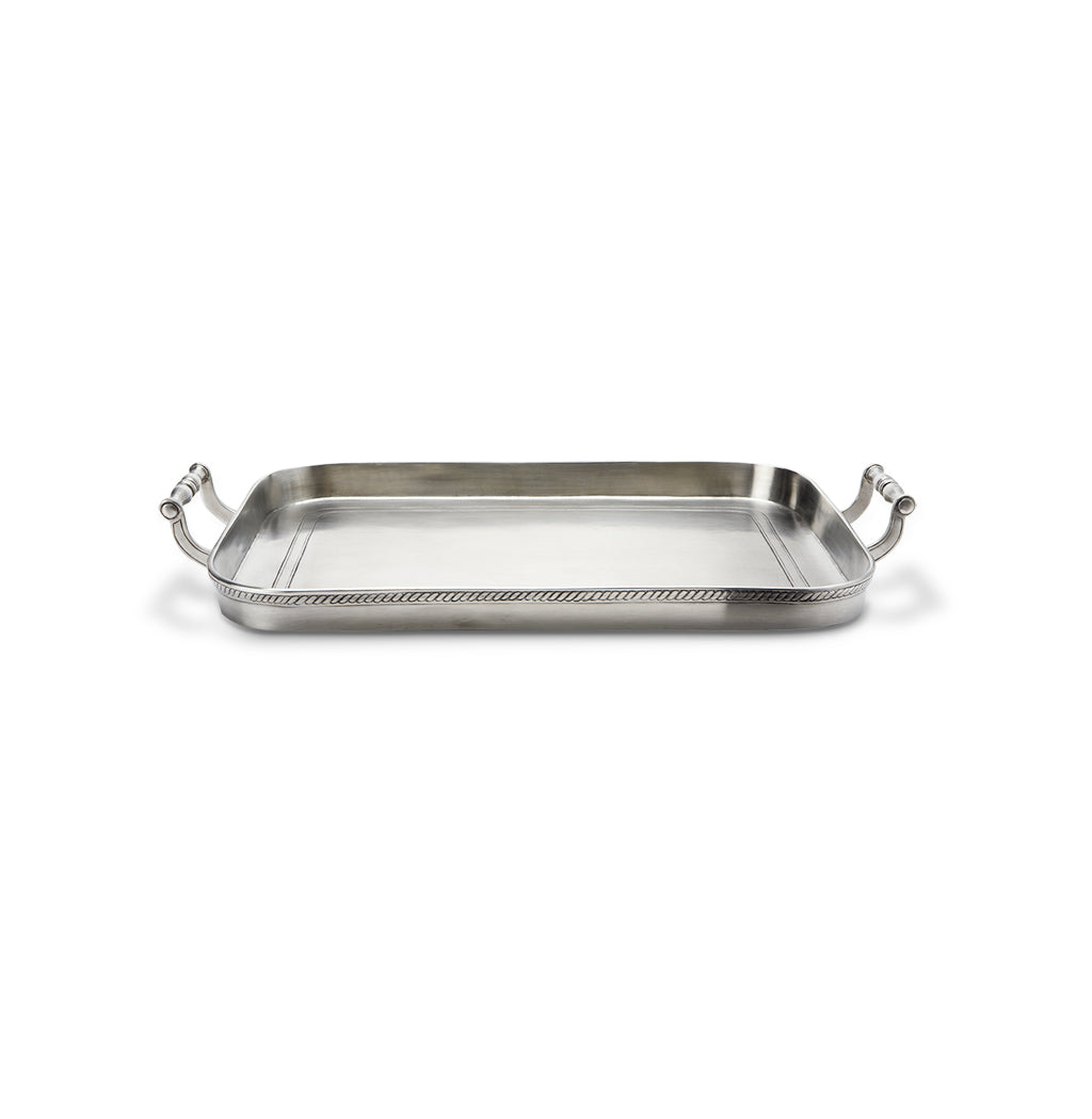 Angled view of Gallery Tray with Handles, Medium showcasing raised rim and side handles with white background