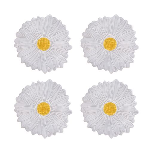 Front view of Maria Flor Fruit Plate 23 inch Daisy, set of 4 with white petals and yellow centers on white background