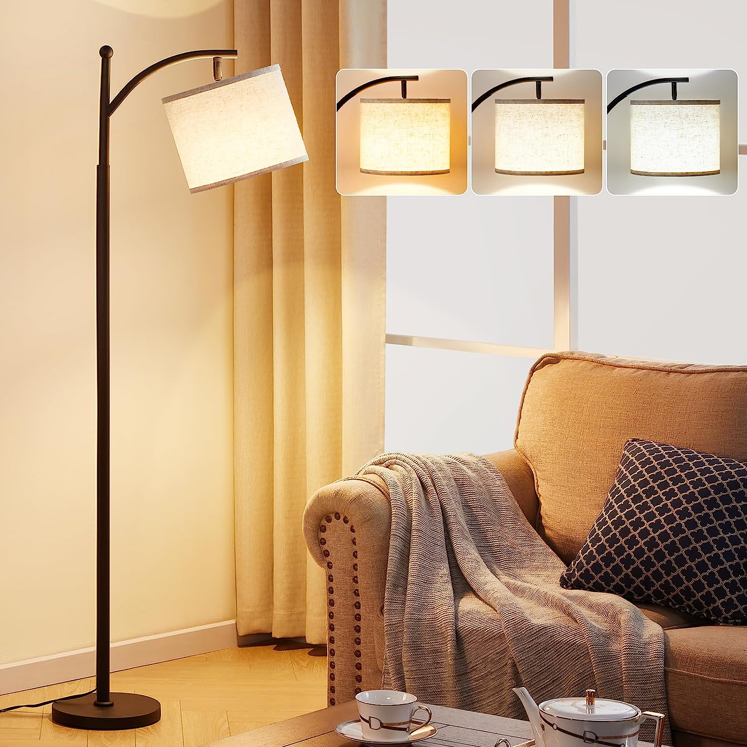Ambimall Floor Lamps for Living Room with 3 Color Temperatures, Standing Lamp Tall with Adjustable Linen Shade, Tall Lamps for Living Room Bedroom Office Classroom Dorm Room, 9W Bulb Included