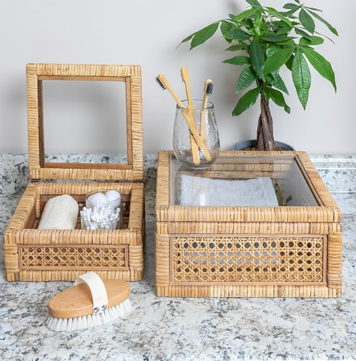 Creative Co-Op Boho Woven Cane and Rattan Display Boxes with Glass Lids, Set of 2 Sizes, Natural