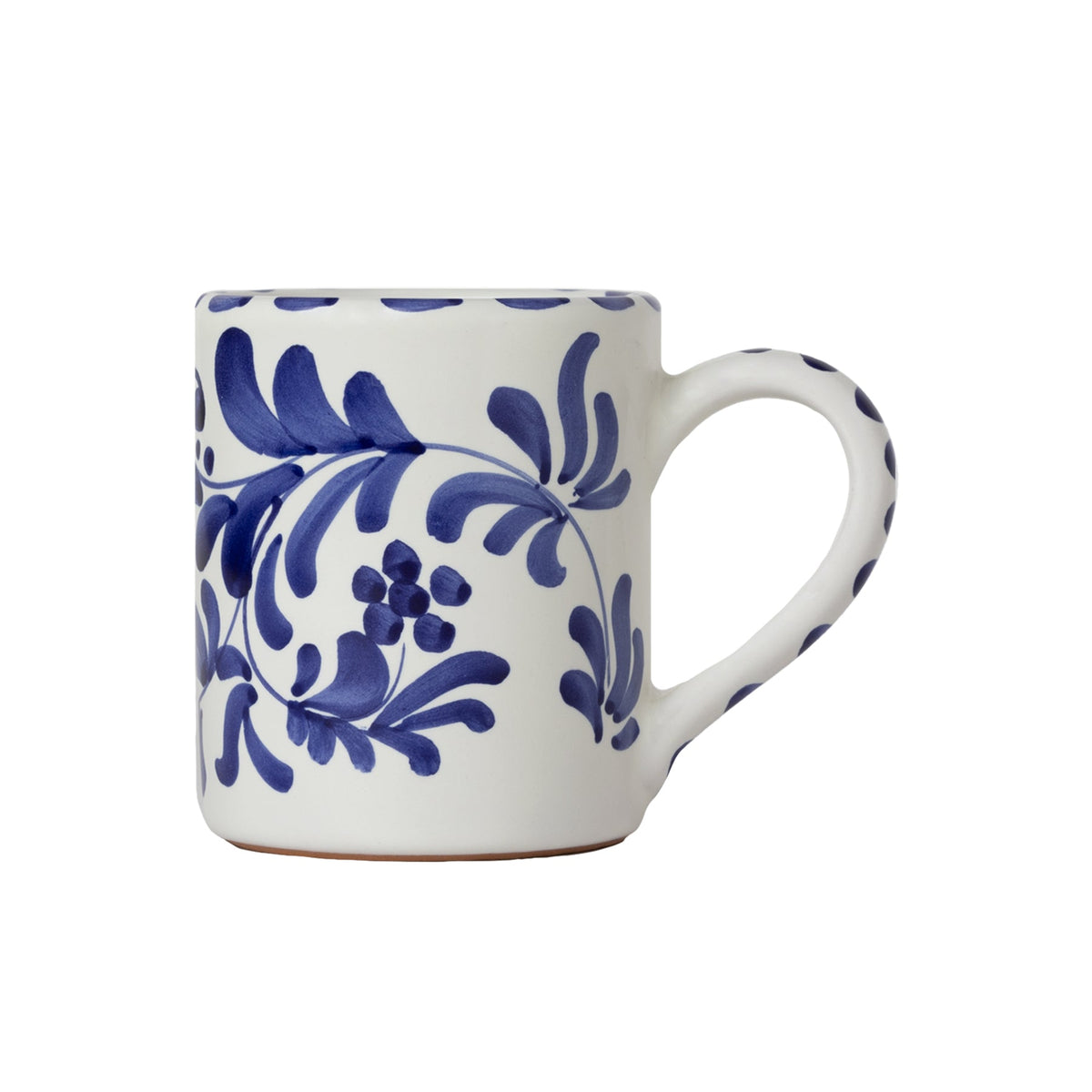 Front view of Americano Mug in Azul Classico showcasing blue leafy patterns and right-side handle with white background