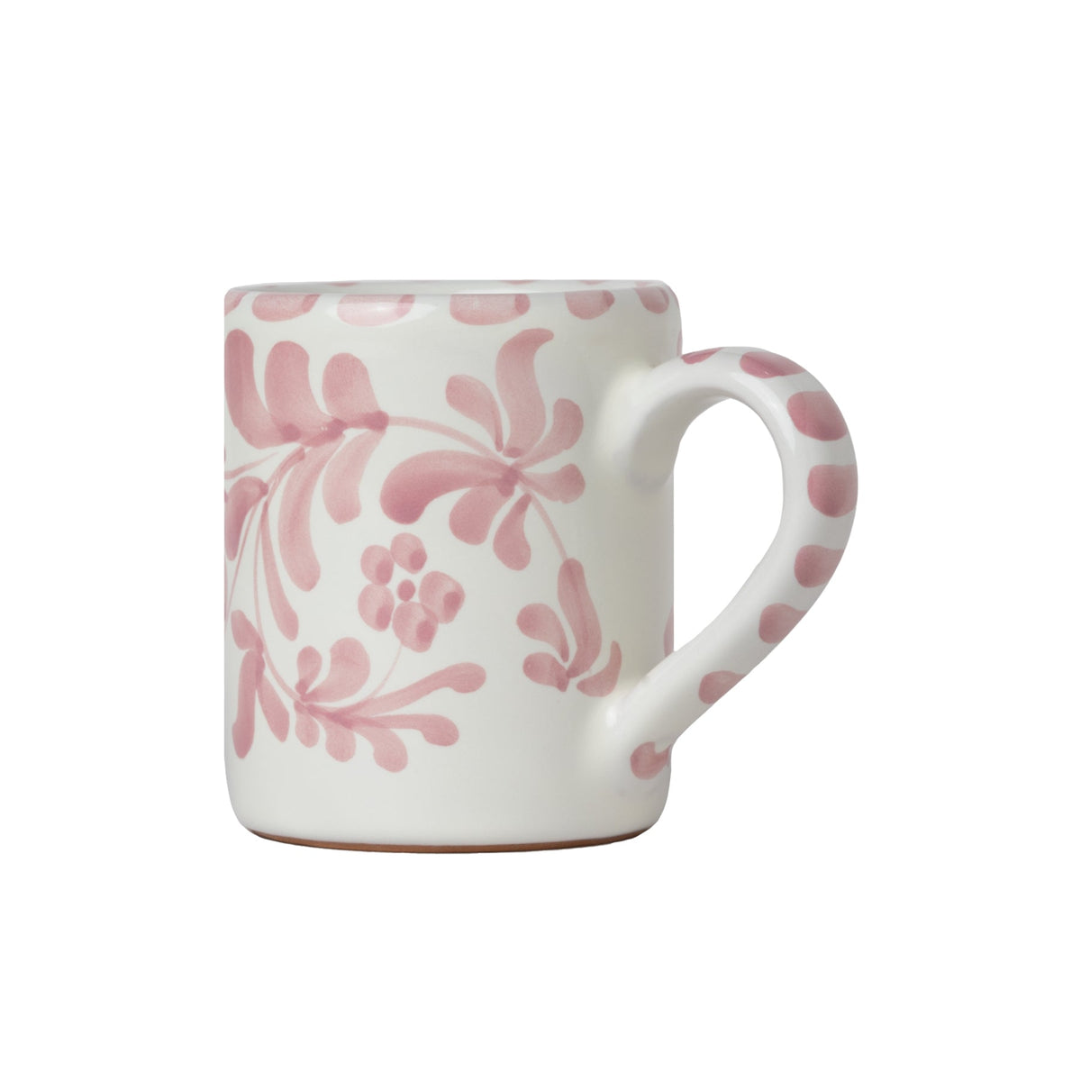 Three-quarter view of Americano Mug in Rosa showcasing pink leafy patterns and a right-side handle with a white background