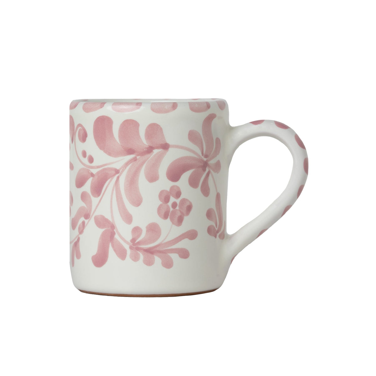 Front view of Americano Mug in Rosa showcasing pink swirling leafy impressions with a white background