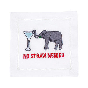 Front view of white linen cocktail napkin with embroidered gray elephant drinking from a martini and red No Straw Needed text