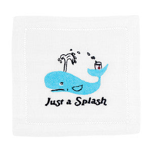 Front view of Just A Splash Cocktail Napkins showcasing blue whale embroidery and white hemstitched borders
