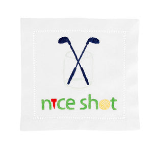Front view of Nice Shot cocktail napkin showing embroidered crossed golf clubs and ‘nice shot’ text with lemon ‘o’