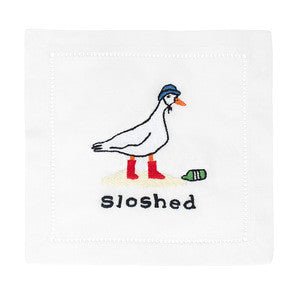 Front view of Sloshed cocktail napkin with embroidered goose in blue hat and red boots and embroidered text Sloshed on white