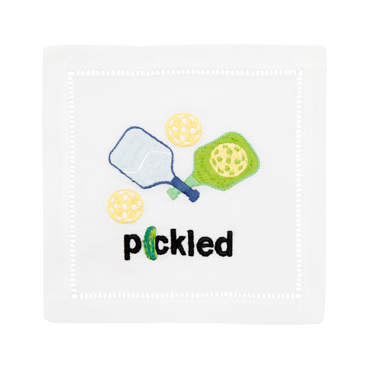 Close-up of Pickled Cocktail Napkins, Set of 4 showcasing colorful pickle embroidery and classic hemstitched border on a white background