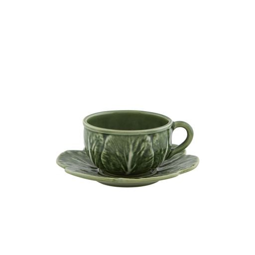 Front view of Cabbage Tea Cup And Saucer in Green showcasing cabbage leaf texture with a white background