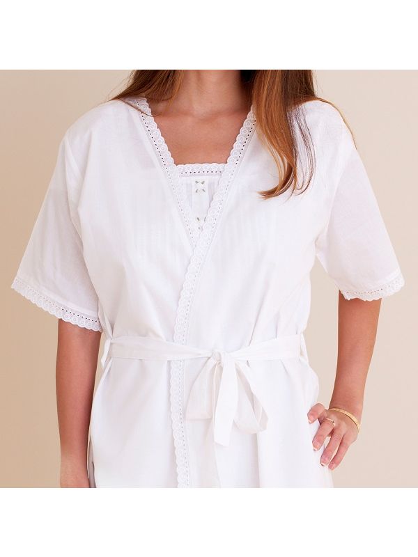 Short Sleeve White Cotton Robe with Lace