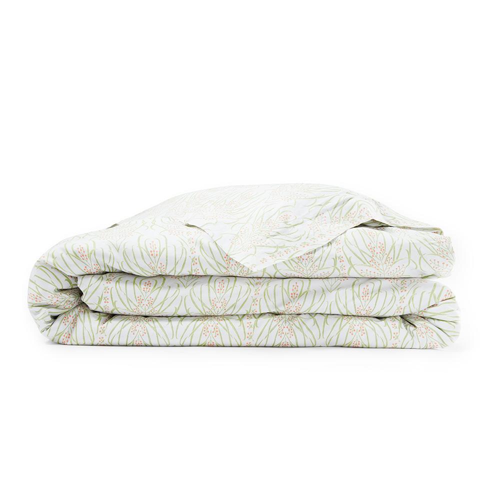 Front view of Vines Suzani Duvet in Light Teal showcasing a flowering vine pattern with a white background