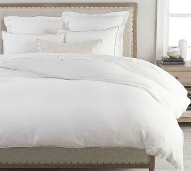 Belgian Flax Linen Contrast Flange Duvet Cover in WHITE/CHAMBRAY