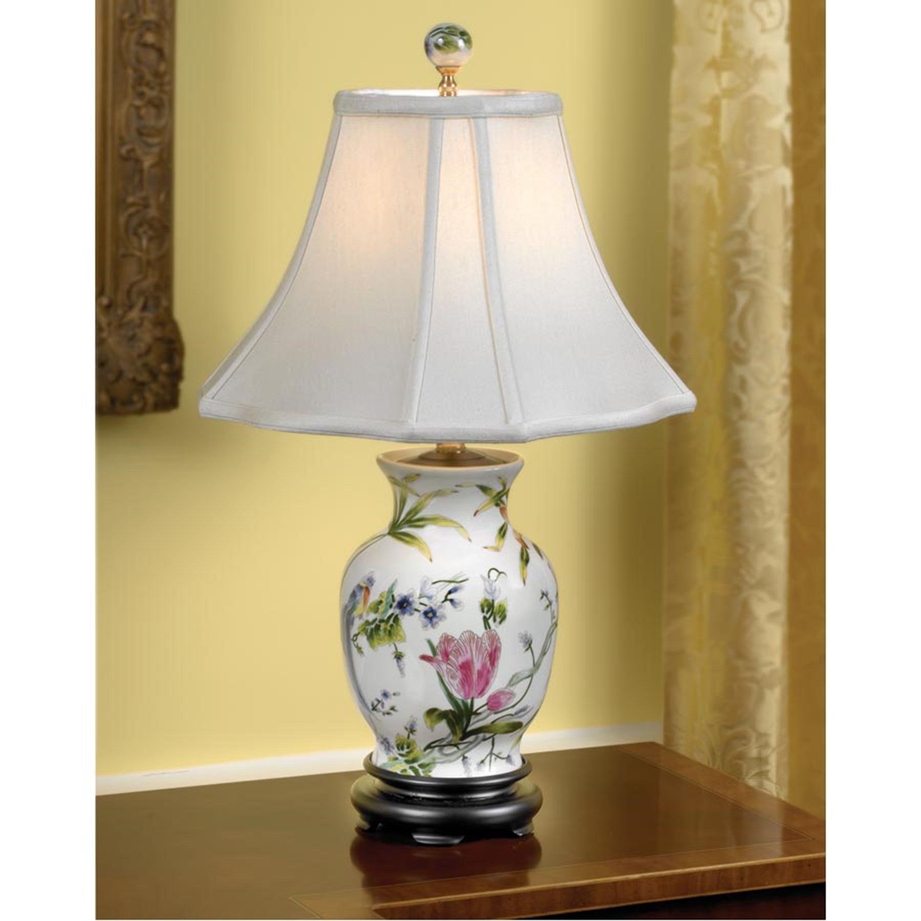 Birds & Lilies Porcelain Vase Lamp