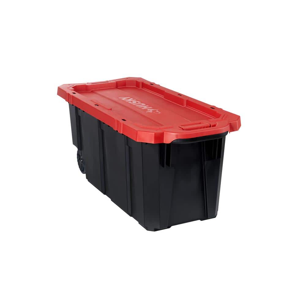45 Gal. Latch and Stack Tote with Wheels in Black with Red Lid