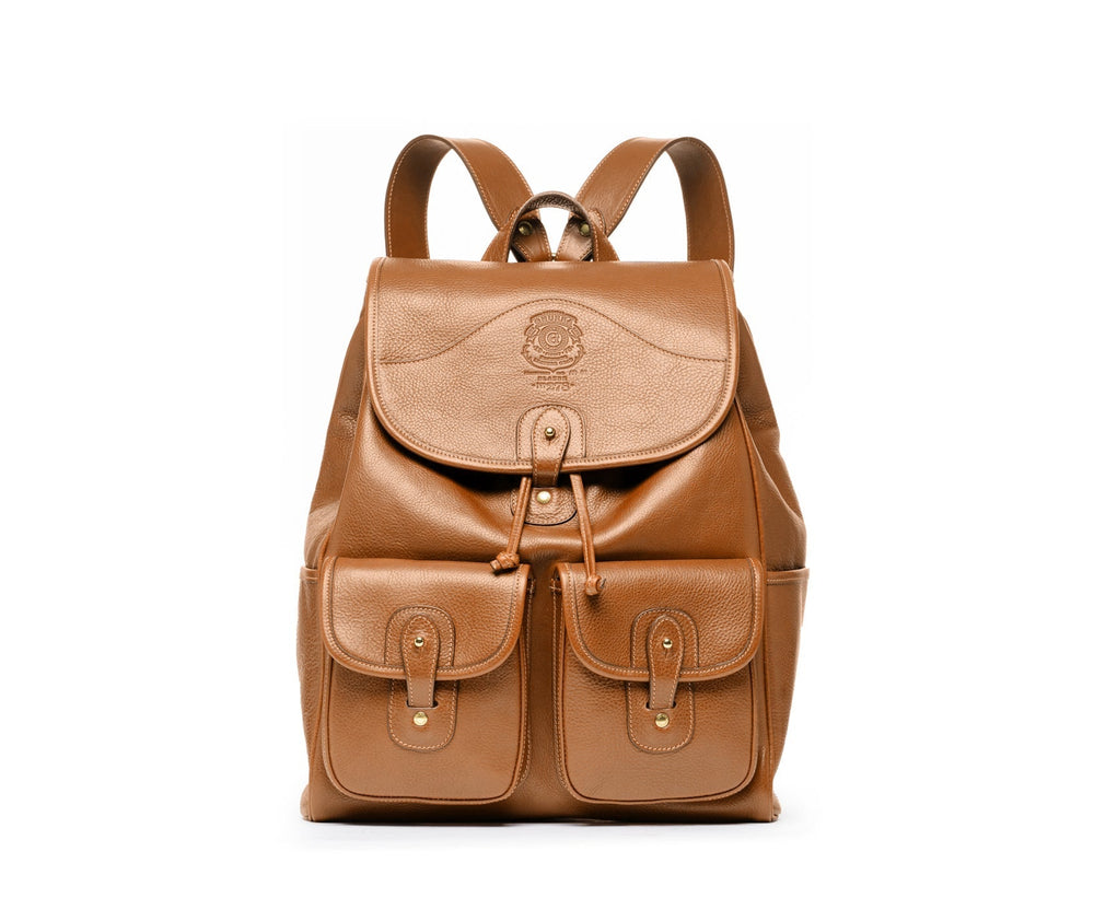 Front view of Blazer No 278 leather backpack showing cinch-top drawstring, embossed crest, two front pockets on white background