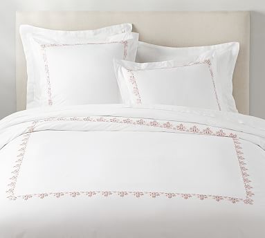 Blossom Embroidered Organic Percale Duvet Cover- Queen