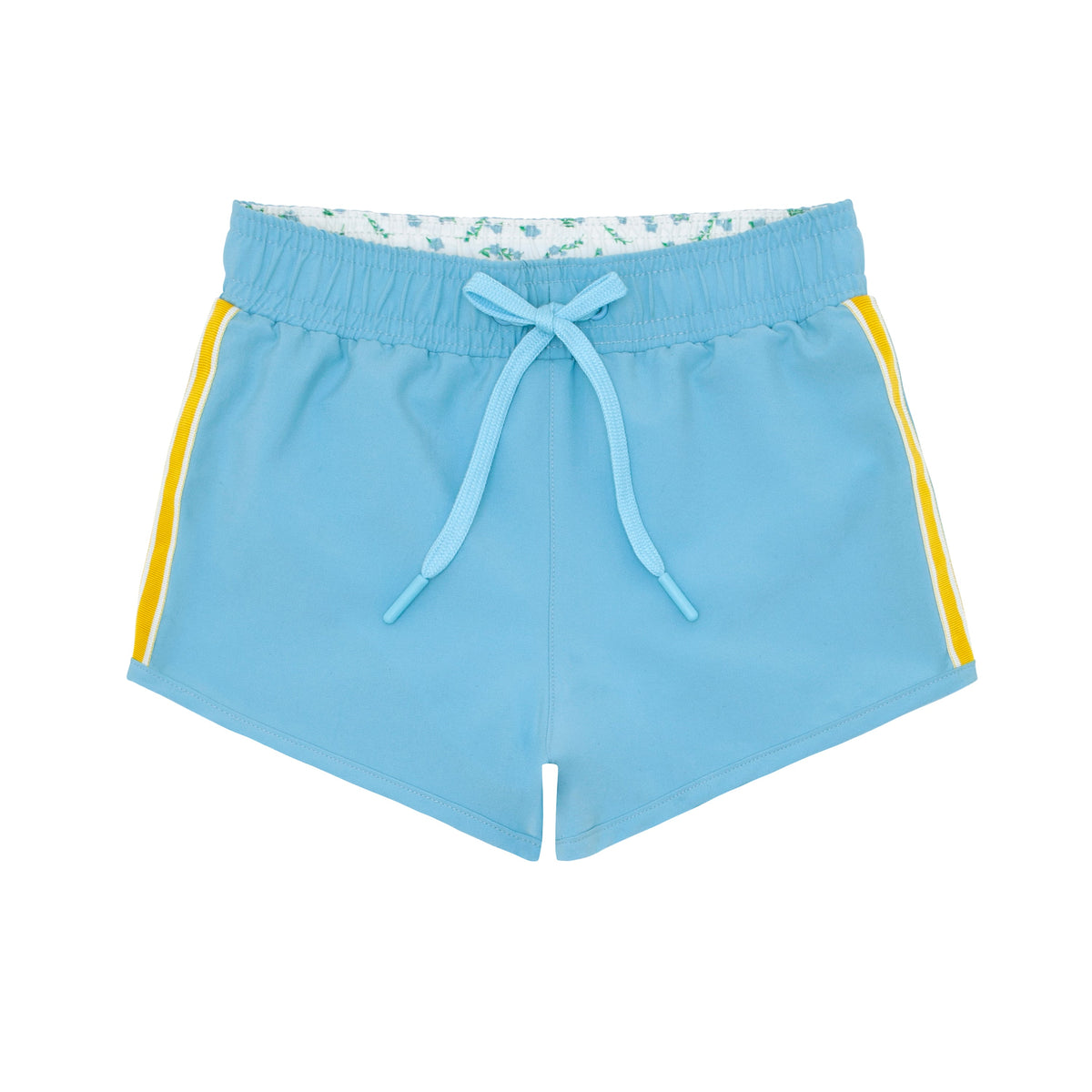 Front view of minnow x Fanm Mon Boys Lagoon Boardie showing light blue fabric, drawstring, and yellow side stripes