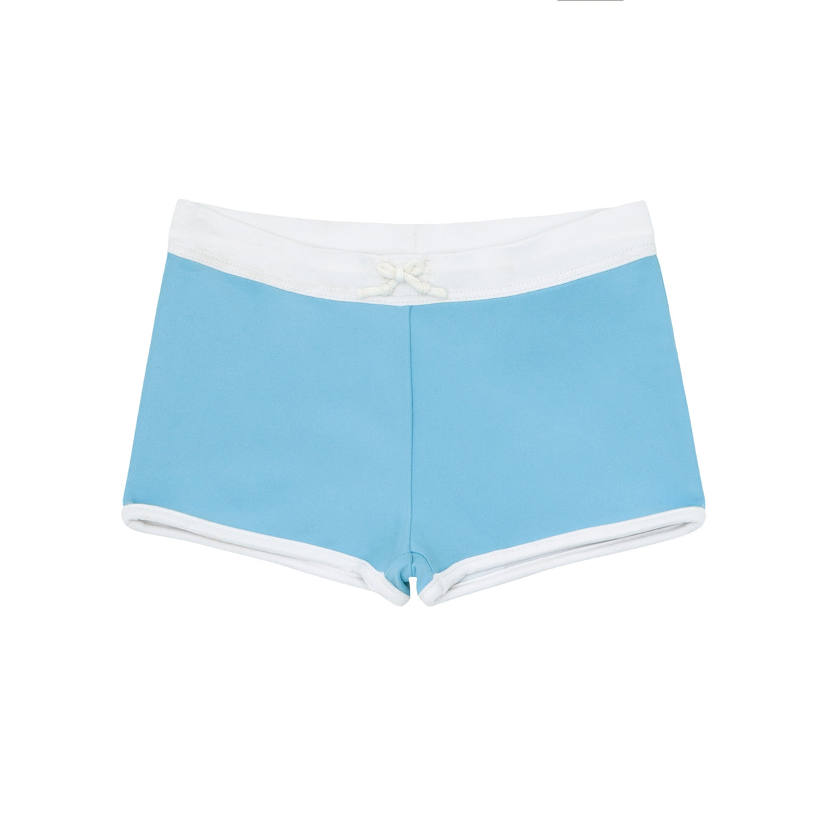 Front view of minnow x Fanm Mon Boys Lagoon Brief showcasing light blue fabric and white drawstring on a white background