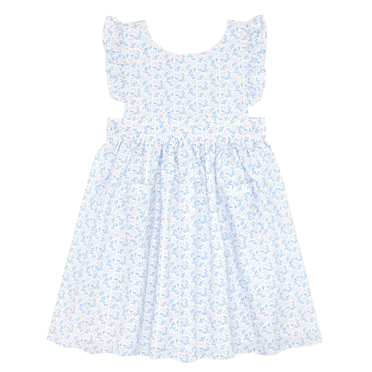 Front view of Girls Briland Blue Botanic Pinafore Dress with ruffle sleeves and patch pockets on white