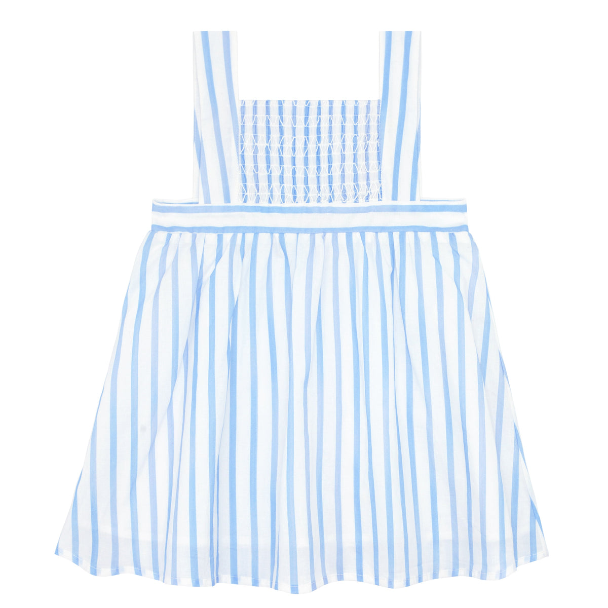 Front view of Girls Bahamian Blue Stripe Smocked Bib Dress showcasing square neck and smocked panel on white background