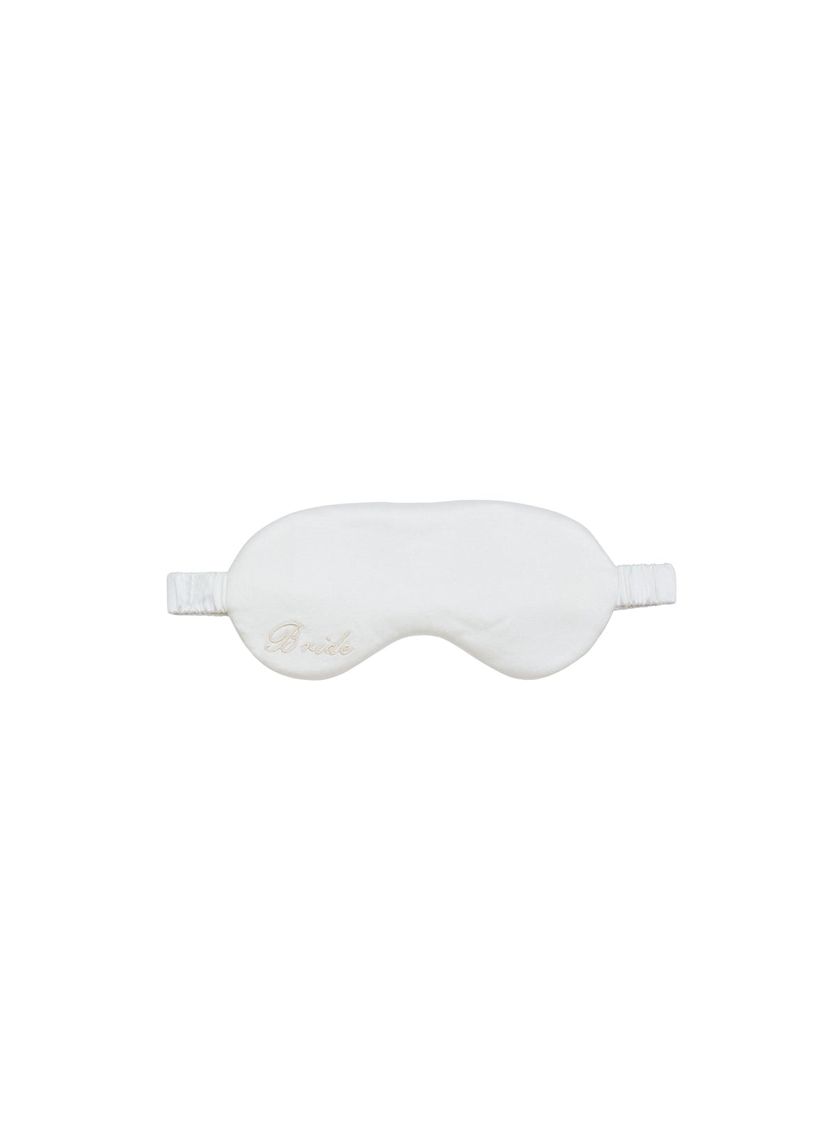 Front view of Bridal Silk Eye Mask showing ivory silk, light padding, tan Bride embroidery on white background