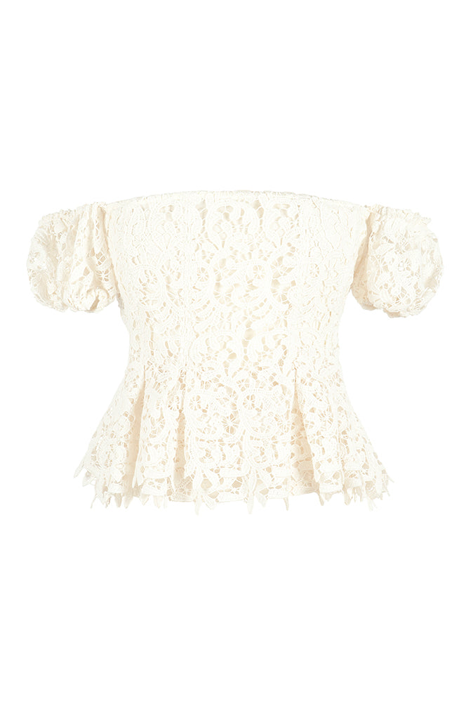 brock collection on over the moon emilie off-the-shoulder top in guipure lace