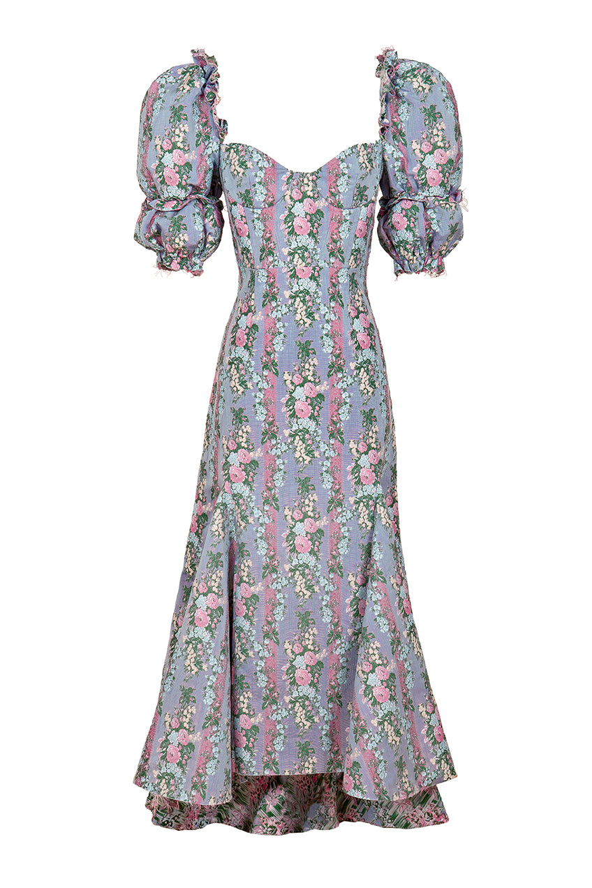 brock collection on over the moon olya dress with tie back in violet jacquard