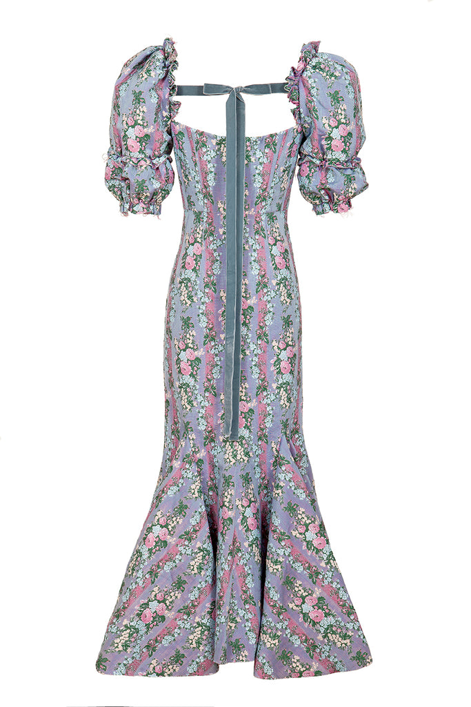 brock collection on over the moon olya dress with tie back in violet jacquard