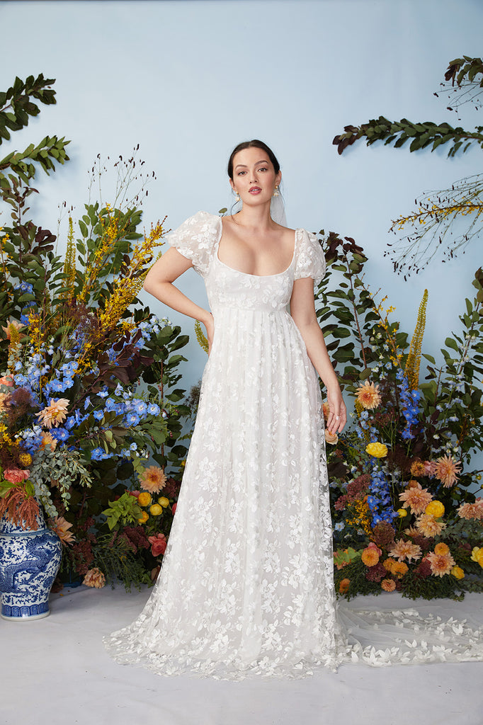 Floral Applique Puff Sleeve V-Neck Wedding Gown | David's Bridal
