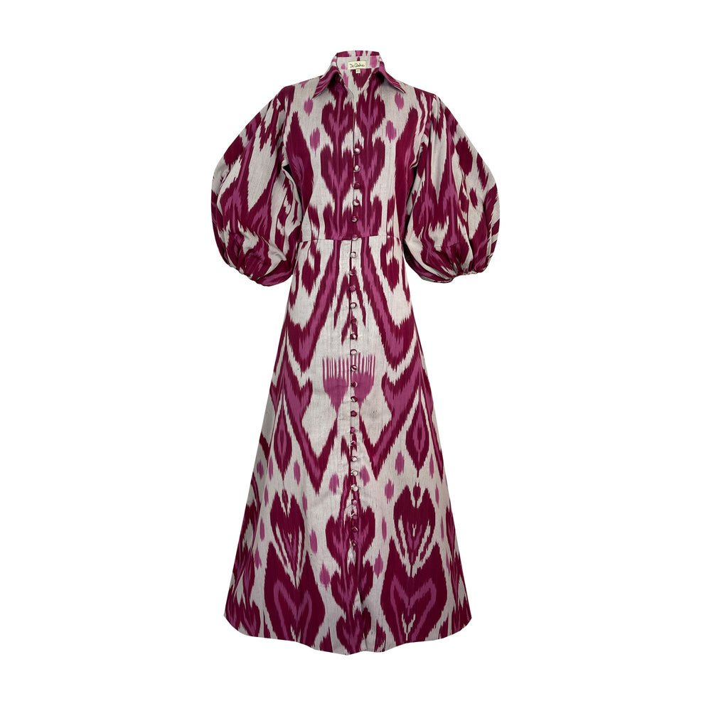 Front view of Burgundy Jodhpur Dress showcasing handwoven silk ikat, collared neckline, front buttons, and balloon sleeves on white