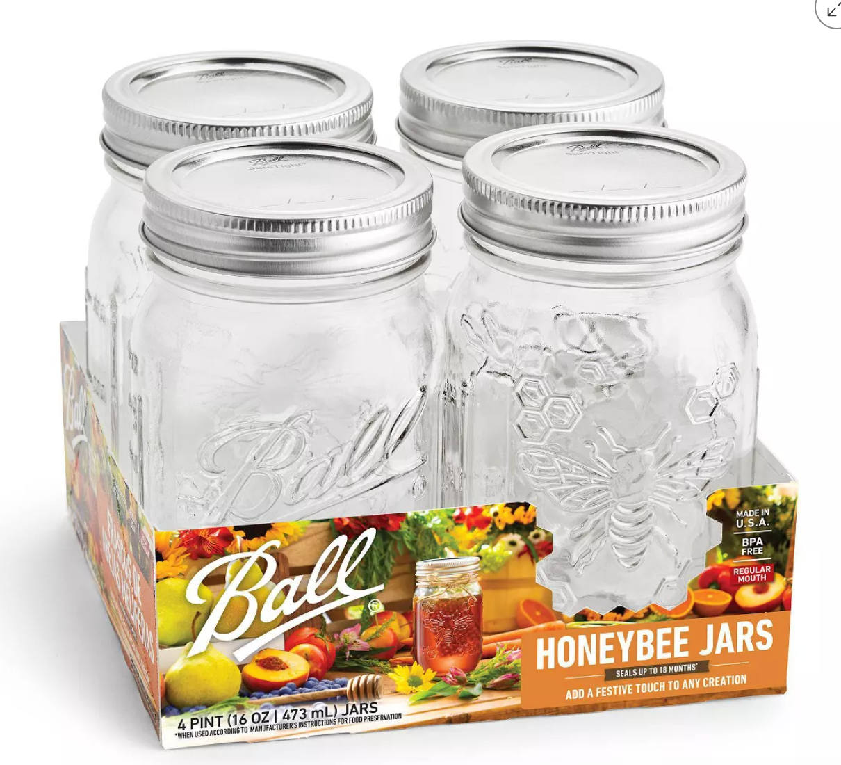 Ball 4pk Regular Mouth 16oz Pint Jars Honeybee Keepsakes Jars with Lids and Bands