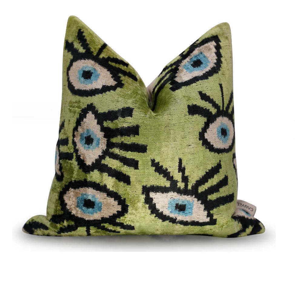 Contemporary Luxury Green Handmade Silk Evil Eye Throw Pillow With Down Insert