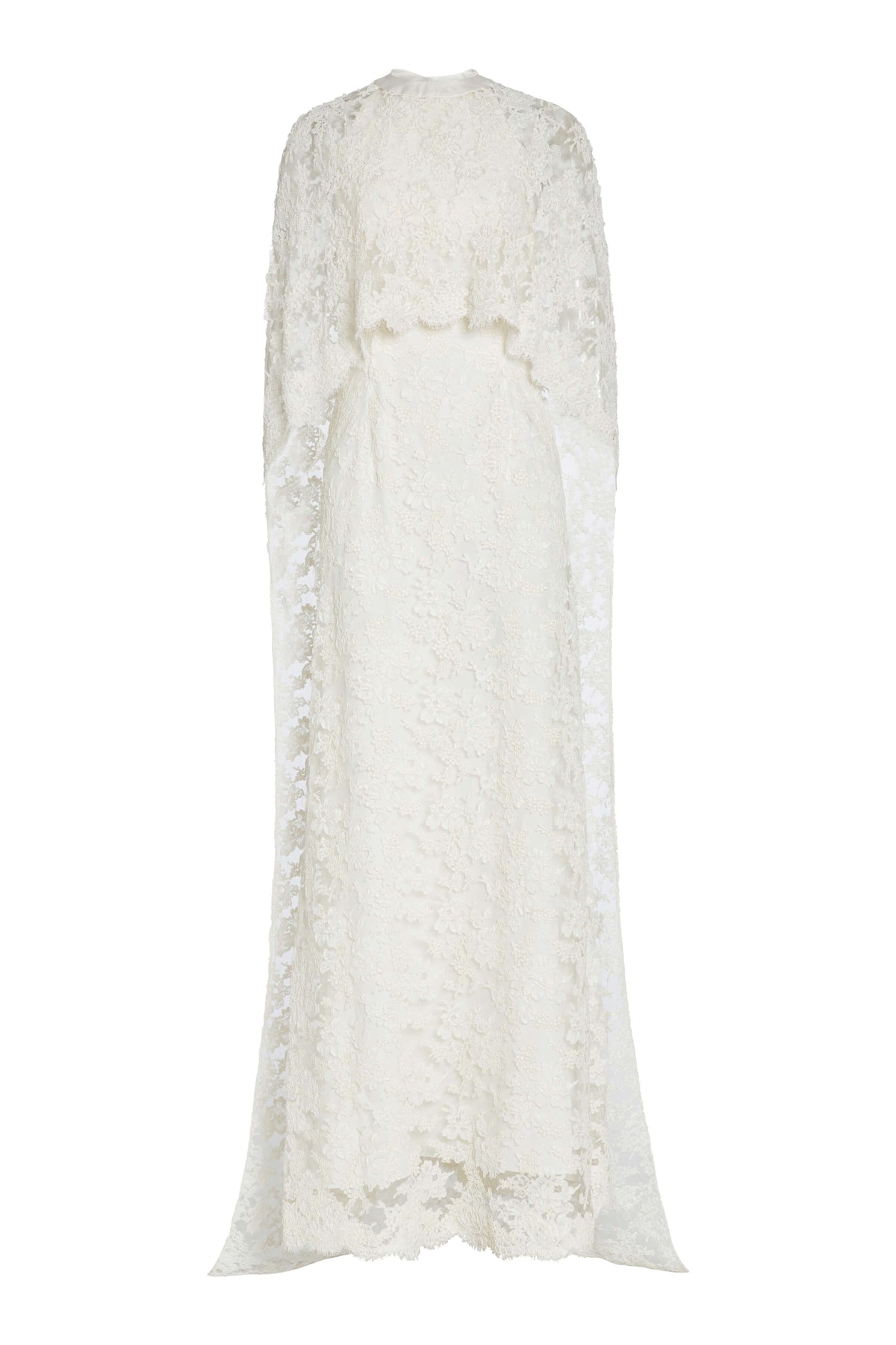 Front view of Garland Beaded White Lace Cape showcasing its scalloped hem on a white background