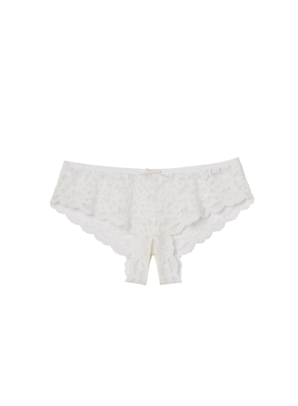 Flat front view of Charlotte Crotchless Panty showcasing ivory stretch lace and a crotchless cutout on a white background