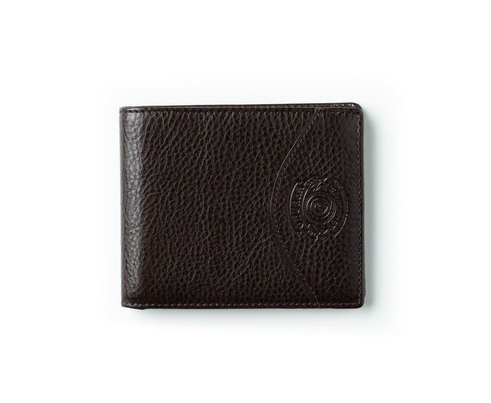 Front view of Classic Wallet No. 101 in vintage walnut leather showing pebbled texture and embossed logo on white backdrop