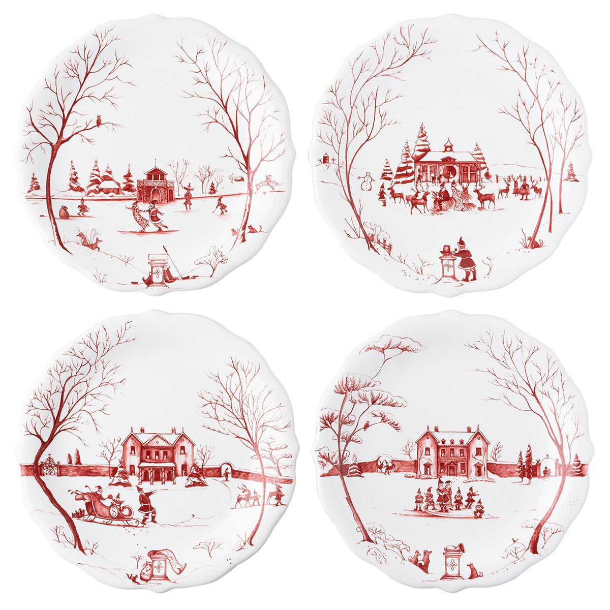 Country Estate Winter Frolic Ruby "Mr. & Mrs. Claus" Party Plates, Set of 4