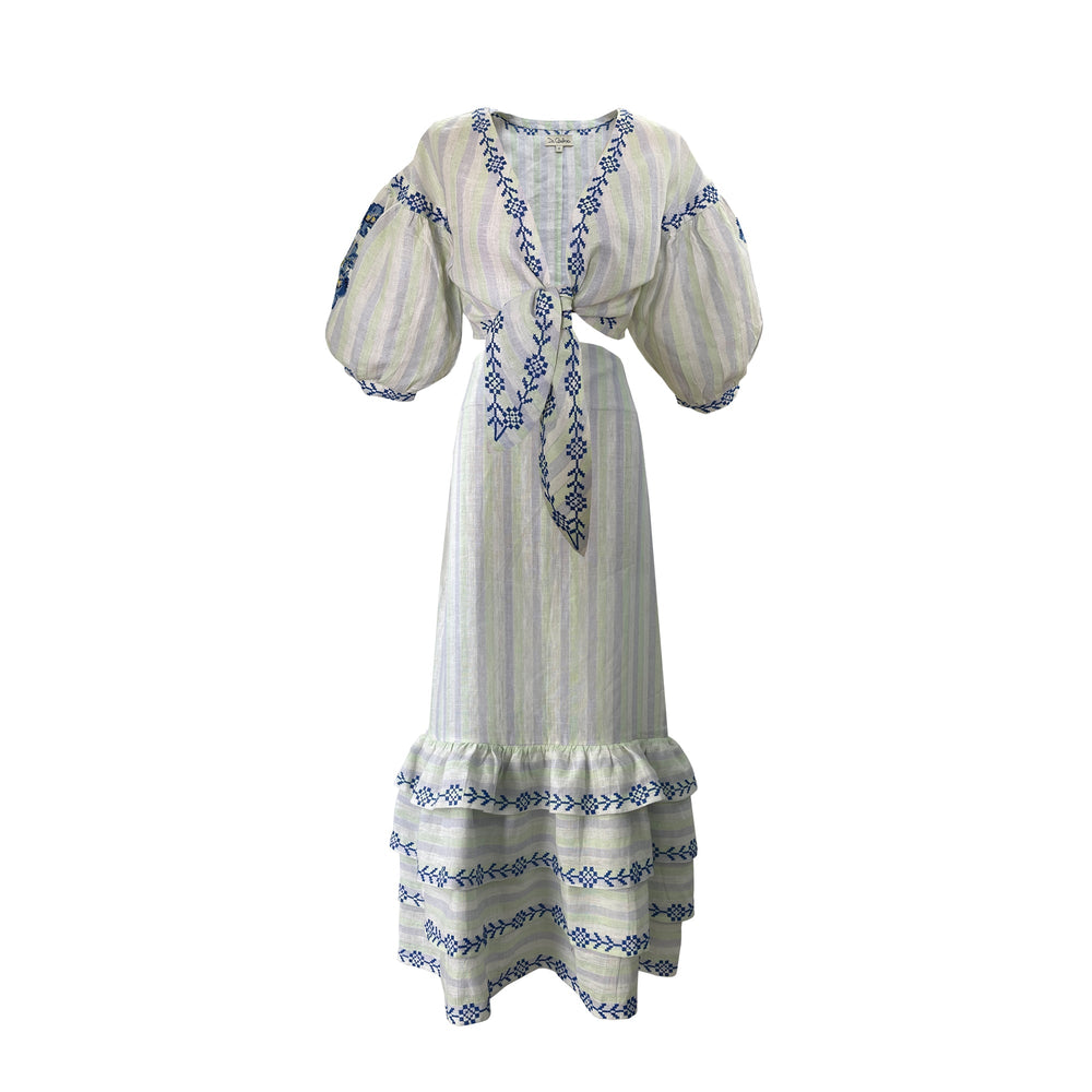 Front view of Chicory set with knotted top, embroidered balloon sleeves, and ruffled skirt against white background