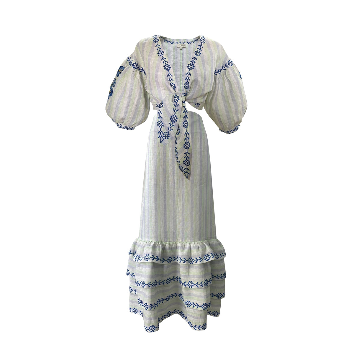 Front view of Chicory set with knotted top, embroidered balloon sleeves, and ruffled skirt against white background