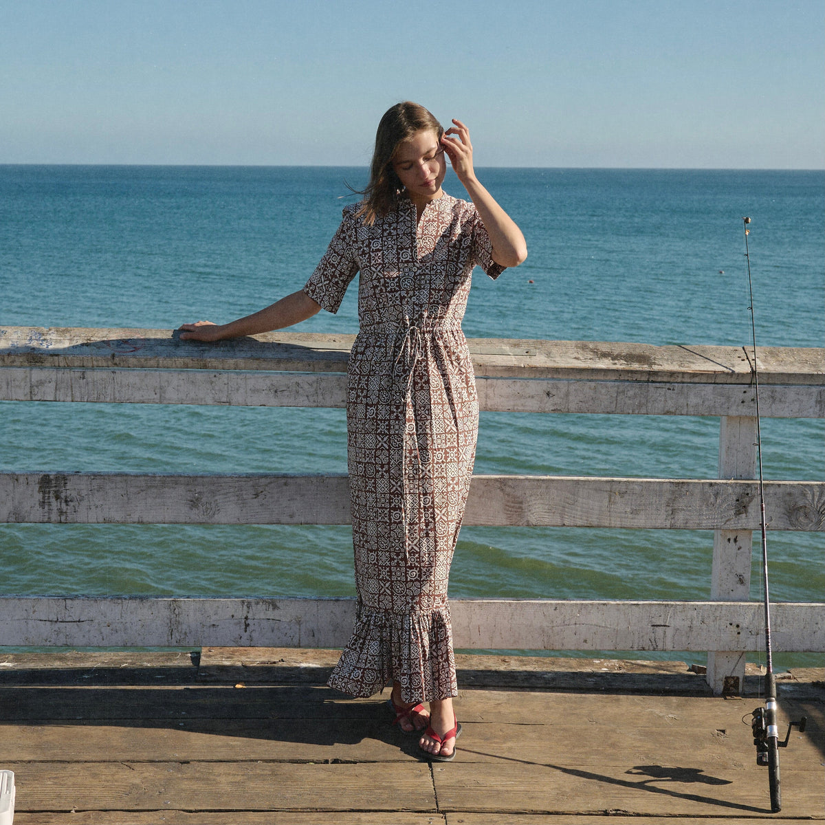 Short-Sleeve Shirt Dress in Brown with White Checkerboard