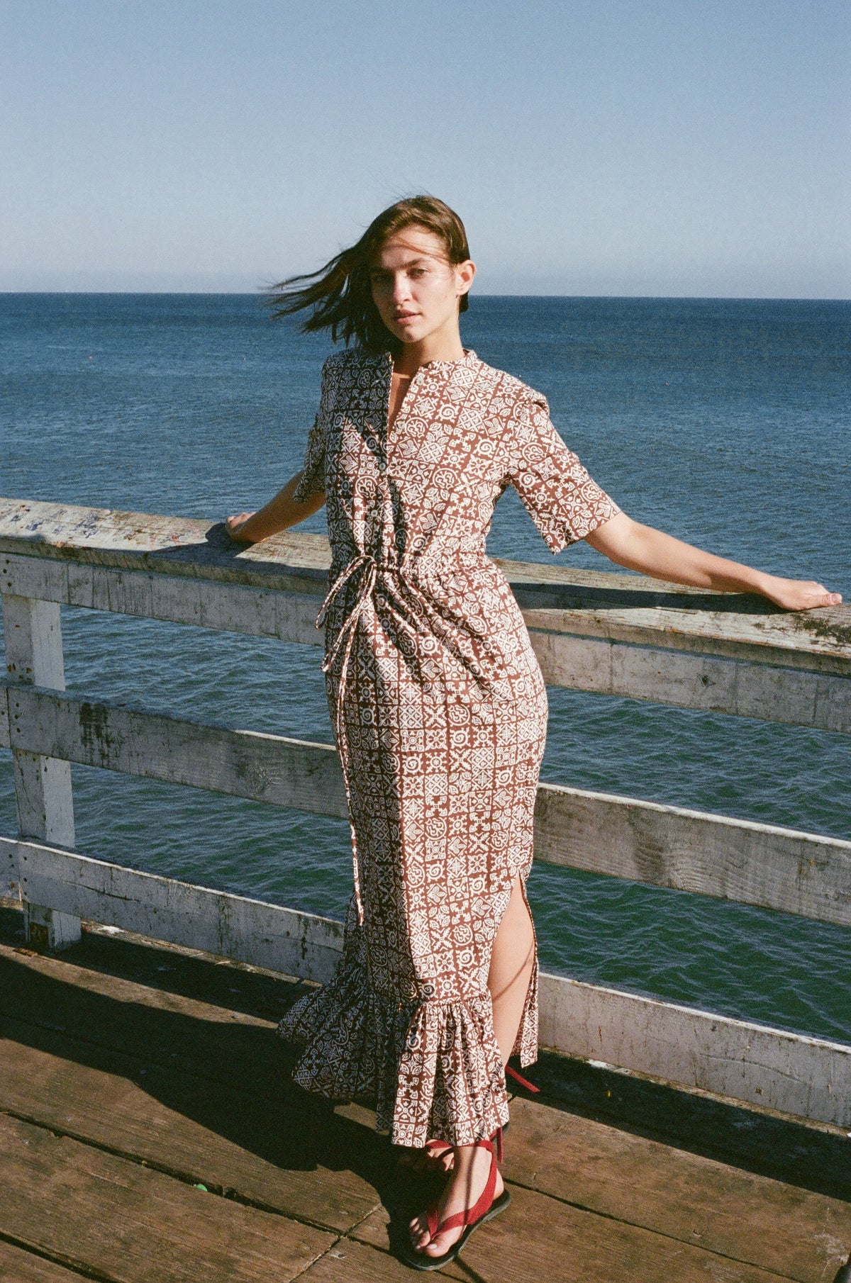 Short-Sleeve Shirt Dress in Brown with White Checkerboard