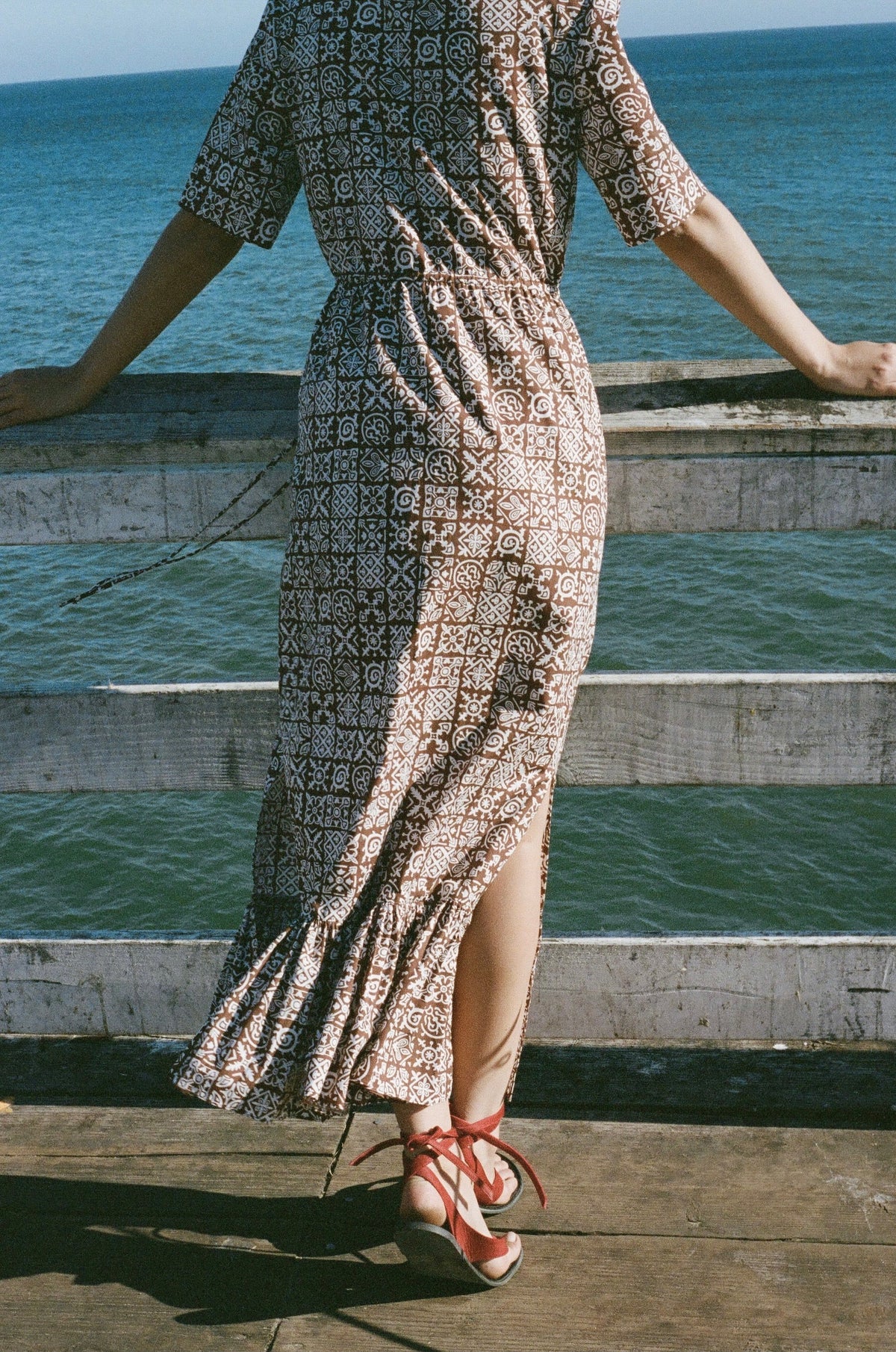 Short-Sleeve Shirt Dress in Brown with White Checkerboard