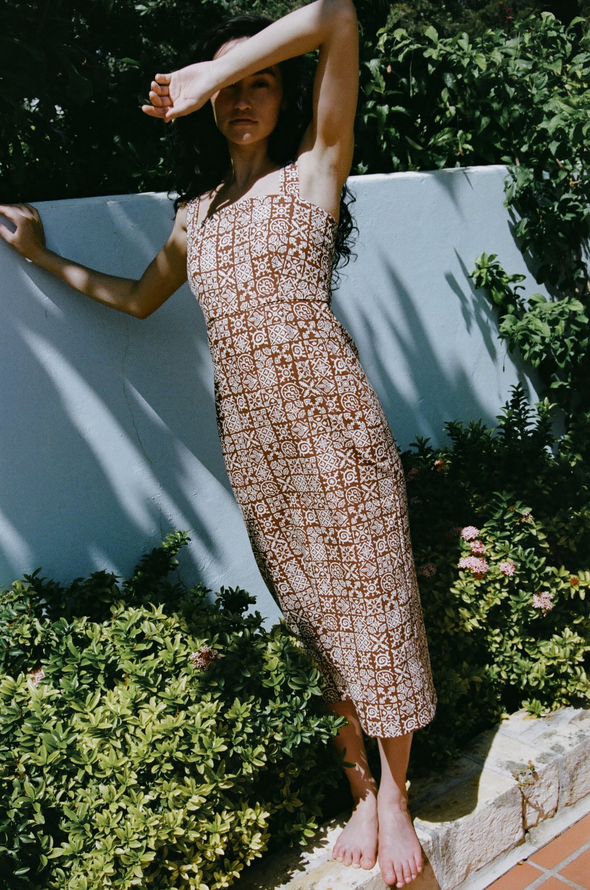 Long Slip Dress in Brown with White Checkerboard