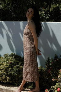 Long Slip Dress in Brown with White Checkerboard